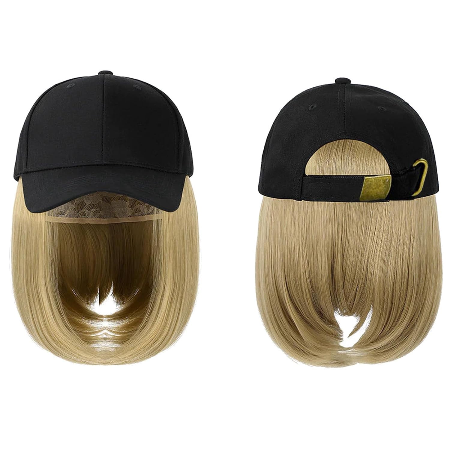YEKEYI Baseball Cap with Hair Extensions Hat Wig Adjustable Hat Attached Short Straight Synthetic Hairpiece for Women