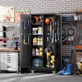 thumbnail image 2 of General Mop and Broom Closet Storage Cabinet with Wheels and Pegboard,Metal Garage Storage Cabinet with Doors and Adjustable Shelves for Garage Home,Required Assembly,Black, 2 of 17