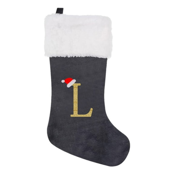 WMGHA Christmas Stocking with White Plush Velvet Black Fabric Letter Design Christmas Ornament Cute Hanging Decoration for Xmas Tree Festive Bag for Holiday Gift
