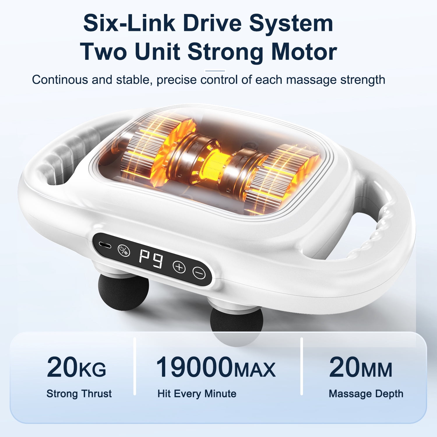 Cshidworld Massage Gun, 6 Heads Deep Tissue Massager, Portable Muscle Massage Gun for Back Neck Muscle Relieve, 9 Levels Speed Modes, Digital Display 6 Massage Heads Link Drive System, White