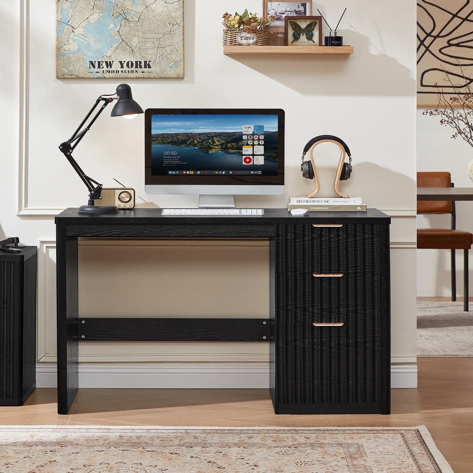 Joaxswe 48" Computer Desk with 3 Drawers, Fluted Wood Home Office Desk, Farmhouse PC Desk for Study, Bedroom, Black