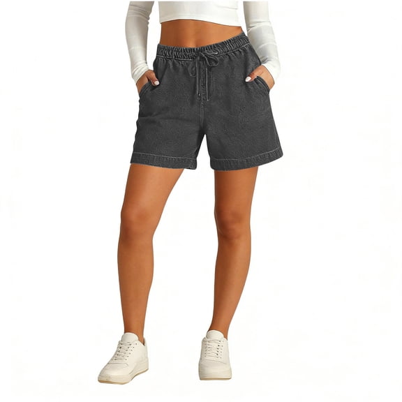 KIHOUT Women's Elastic Waist Denim-like Shorts - 75% Cotton Blend, Drawstring, Double Pockets, Loose Fit for Casual & Fitness Wear