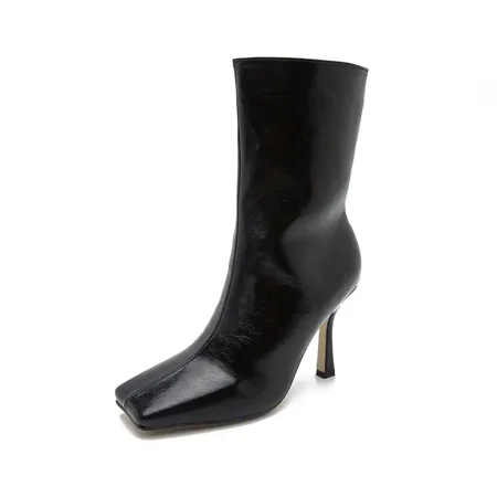 

Women‘s Stiletto Heel Mid Calf Boots Black Zipper Square Toe PU Leather High Heel Booties Women‘s Footwear
