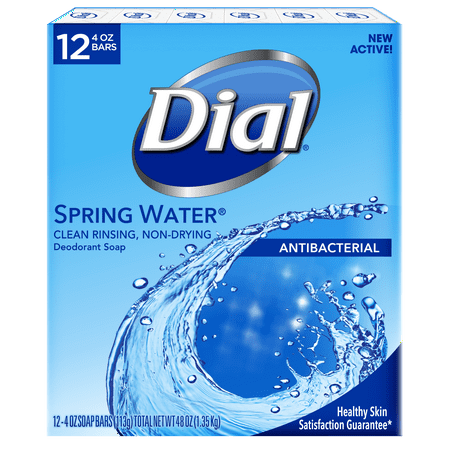 Dial Antibacterial Deodorant Bar Soap, Spring Water, 4 Ounce Bars, 12