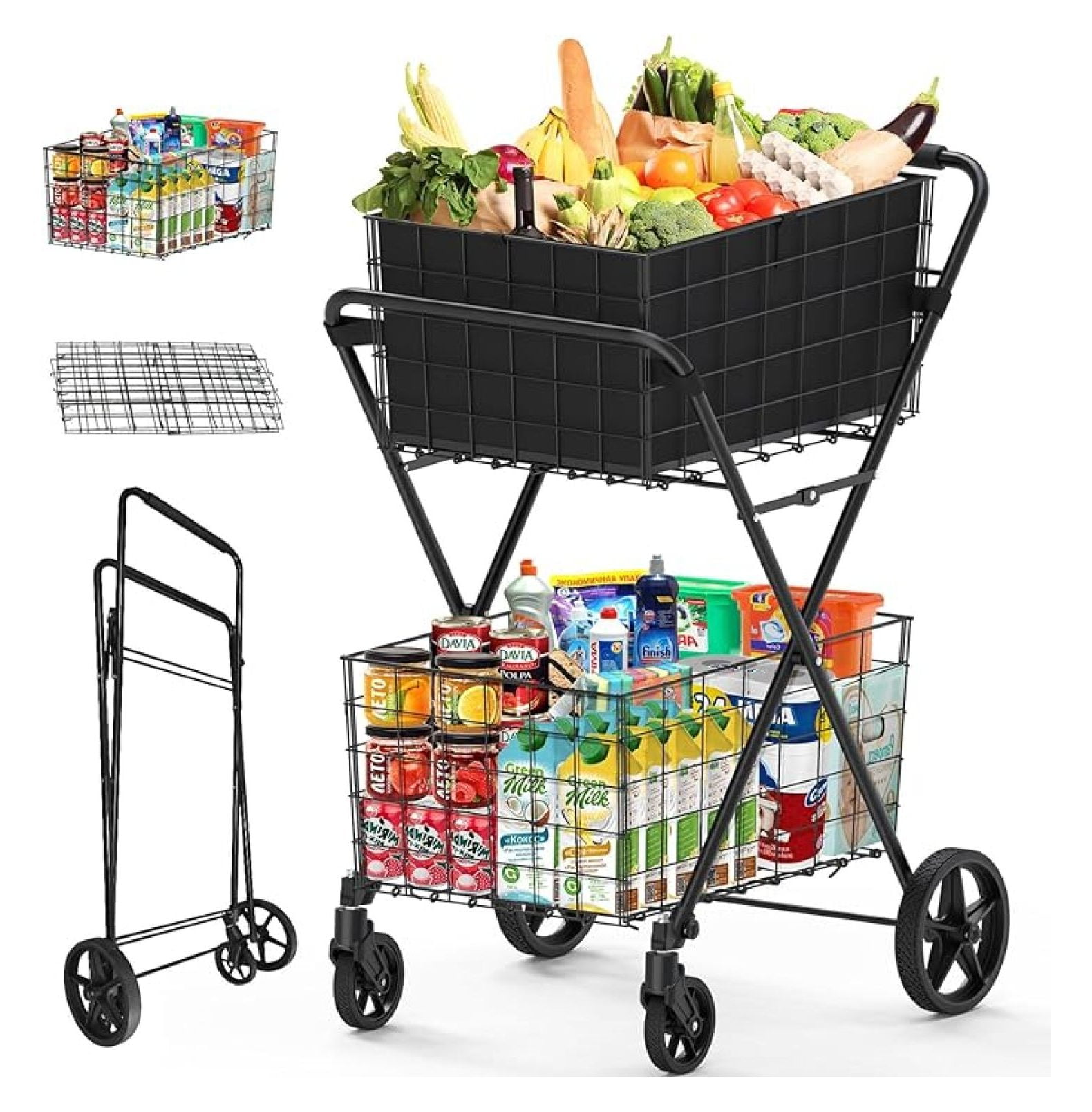 2-Tier Shopping Cart with Wheels, Folding Grocery Cart with