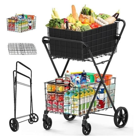 NBBNHH Grocery Shopping Cart 2-Tier, Folding Utility Cart with Wheels, Heavy Duty Laundry Cart with Liners, Portable Trolley for Home, Groceries, Black