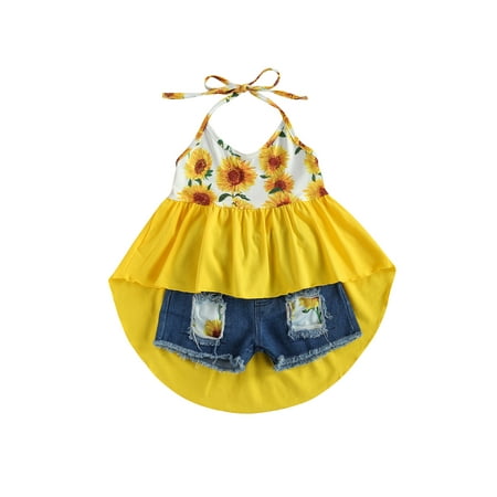 

Canrulo Girls Sunflower Hem Sling Tops+Ripped Denim Shorts Summer Outfit Set Yellow 4-5 Years