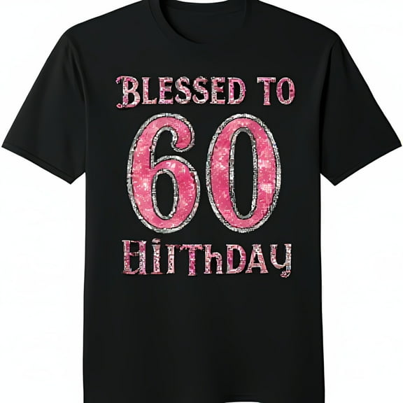 60th Birthday Black T-Shirt with Pink Glitter Graphic & Silver Text