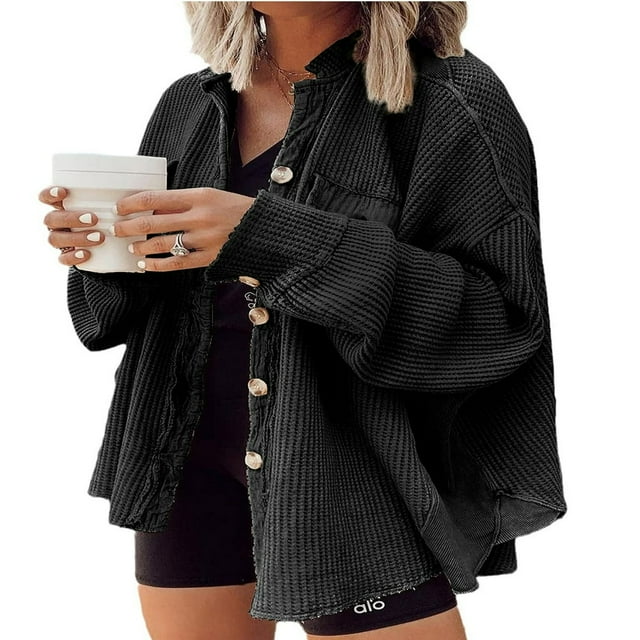 Women Shacket Shirt Ladies Oversized Waffle Jacket Long Sleeve Loose Fit Button Down Casual Tops Streetwear