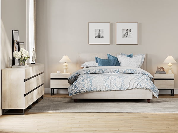 WAMPAT 3 Piece Dresser and Nightstand Sets, 94.5 Inches Dresser &Chest with 6 Drawers, 2 Nightstand with 2 Drawers, Side Table for Bedroom, Bedroom Furniture Set, Light Oak