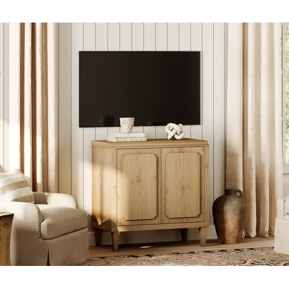WAMPAT Modern Oak TV STAND, Wood Entertainment Center with Storage