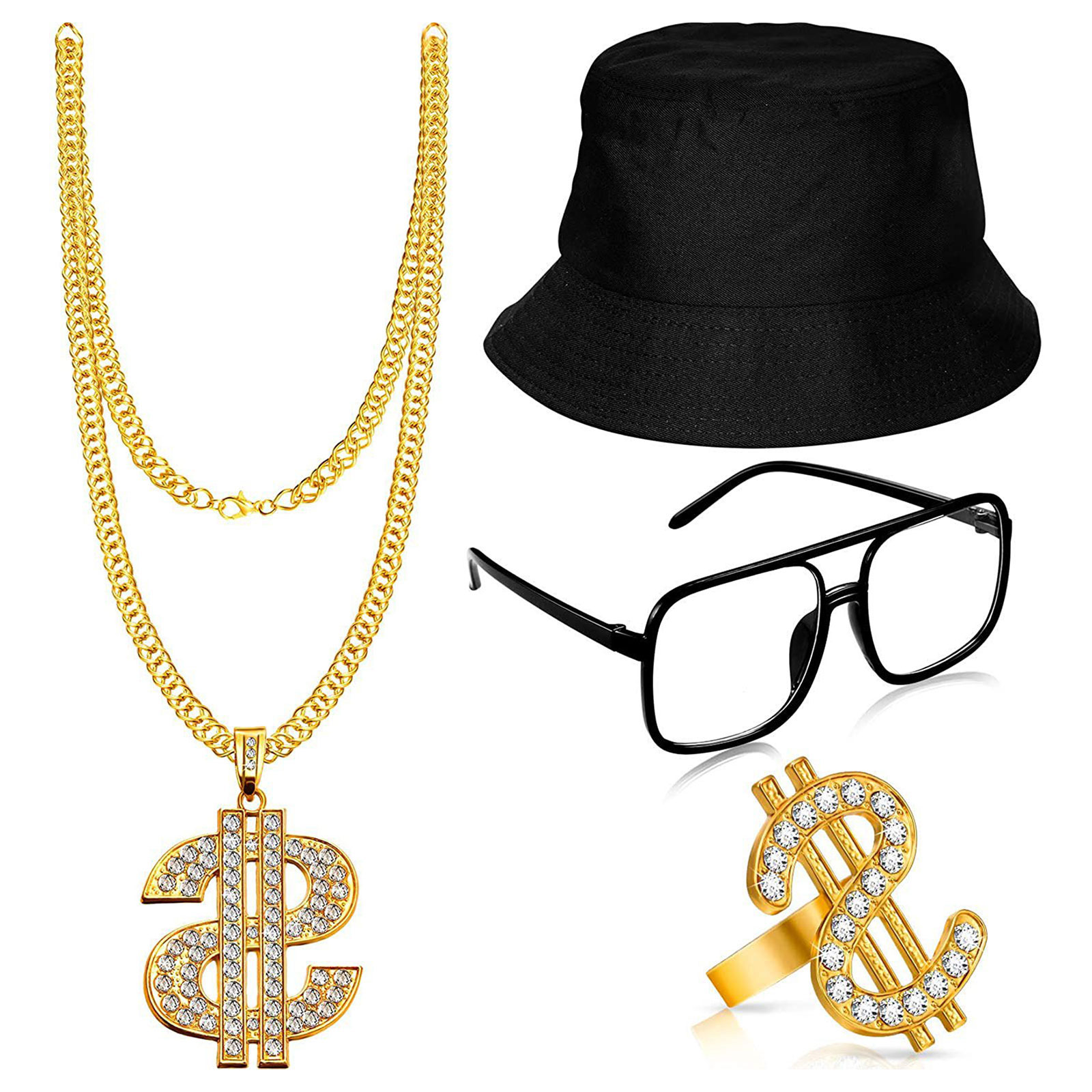 Hip Hop Costume Kits 80s 90s Rapper Accessories Gold Chain Dollars Sign Necklace Sunglass Party Decoration Set