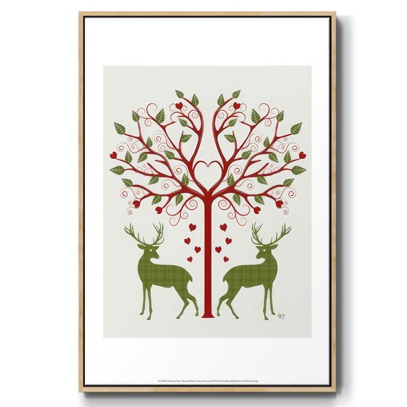 Christmas Des - Deer and Heart Tree, On Cream - Framed Gallery Wrapped Holiday Canvas - 17 x 25 - Natural Wood Frame