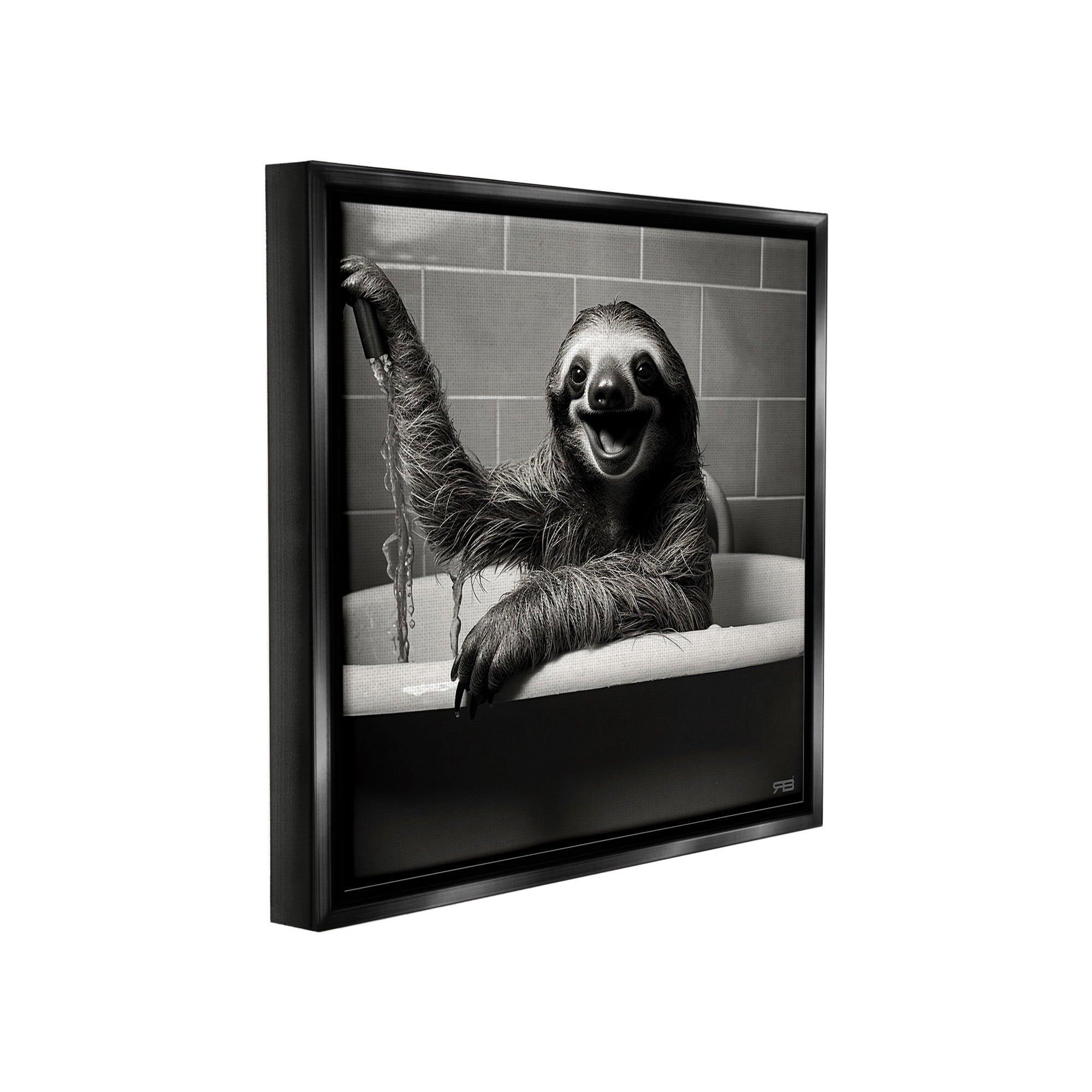 Stupell Industries Smiling Sloth in Tub Animals & Insects Painting Black Floater Framed Canvas Art Print Wall Art, 18 x 18