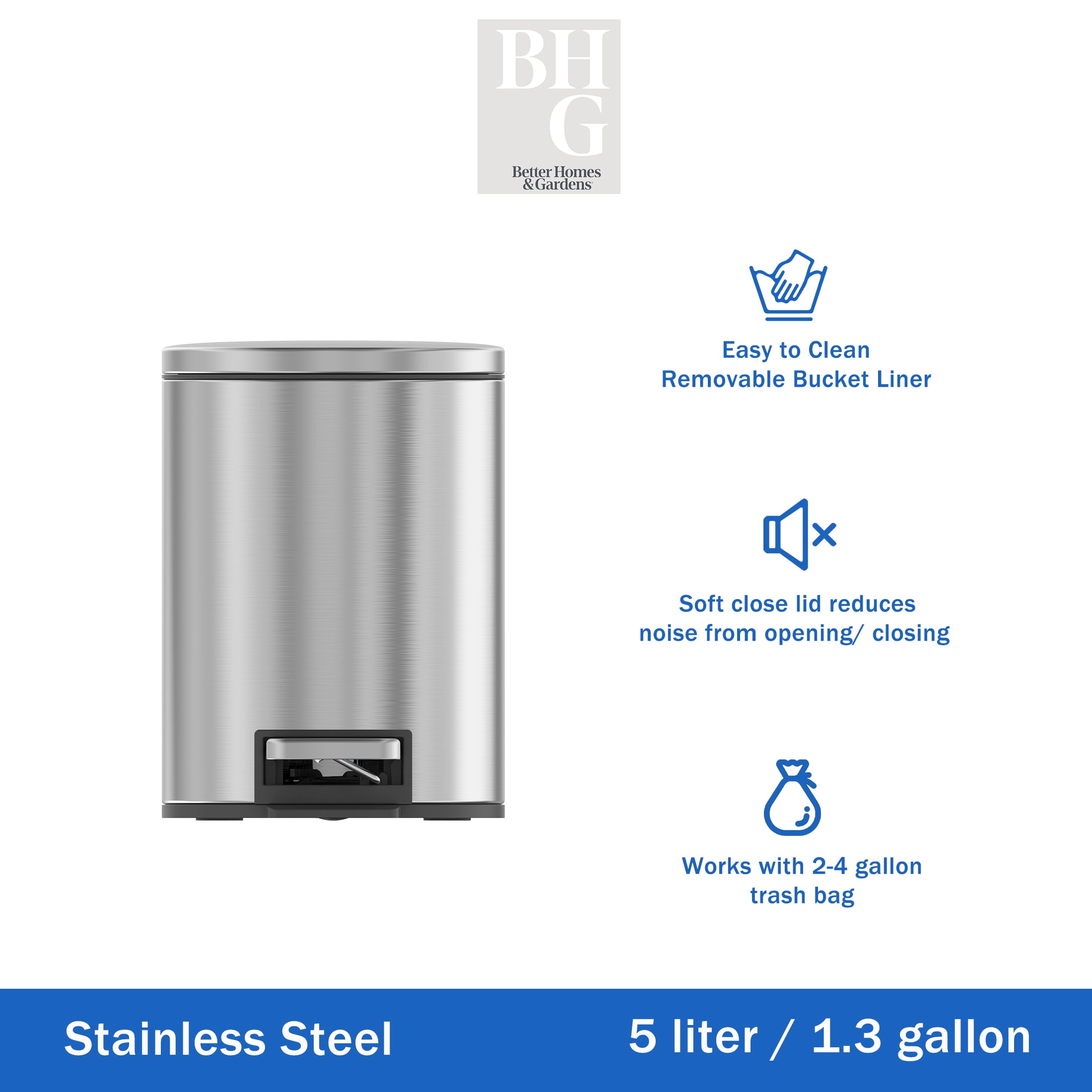 Better Homes & Gardens Bathroom Trash Can, 1.3 Gallon Small Stainless Steel Step Garbage Bucket Bin with Soft Close Lid, Silver