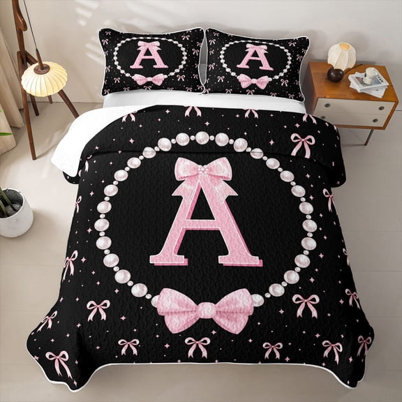 meiyoeat Bowknot Letter Print A Quilt Full For Girls,Girly Pink Bow Full Bedspread Sets For Kids,3-Piece