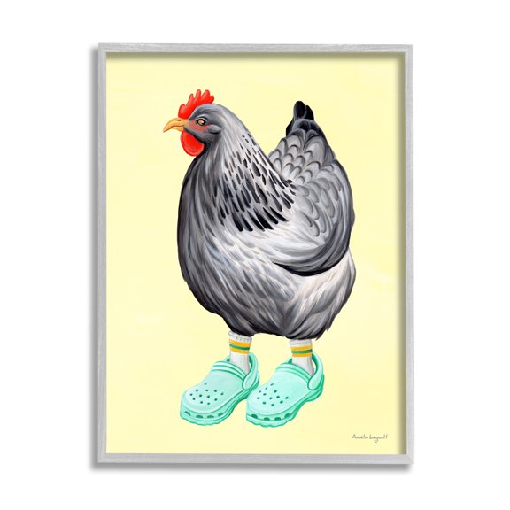 Stupell Industries Chicken Hen Vibrant Rubber Clogs Farm Animal Graphic Art Gray Framed Art Print Wall Art, Design by Amelie Legault
