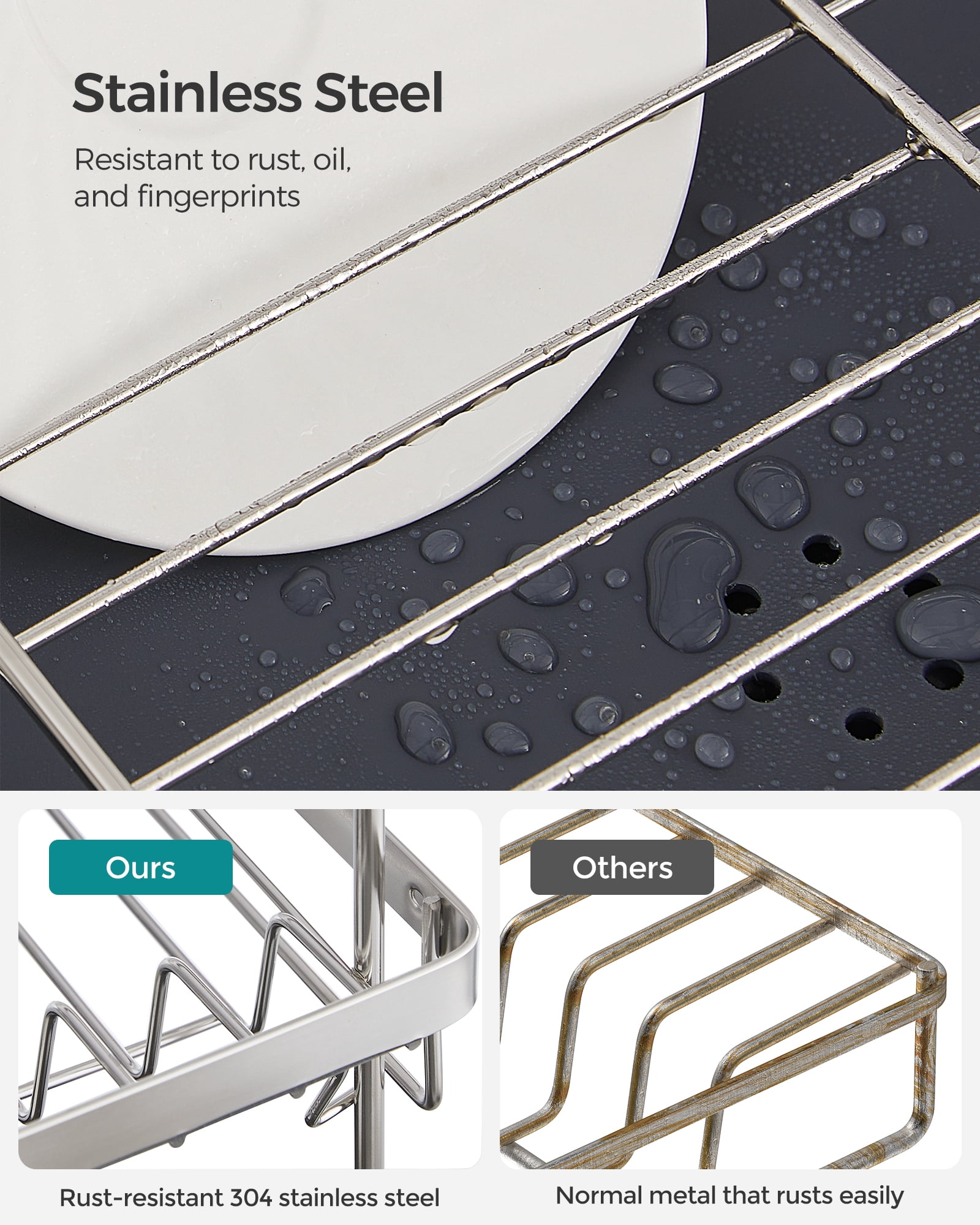 SONGMICS Dish Drying Rack - 2 Tier Dish Rack for Kitchen Counter with Rotatable and Extendable Drain Spout, Silver and Gray