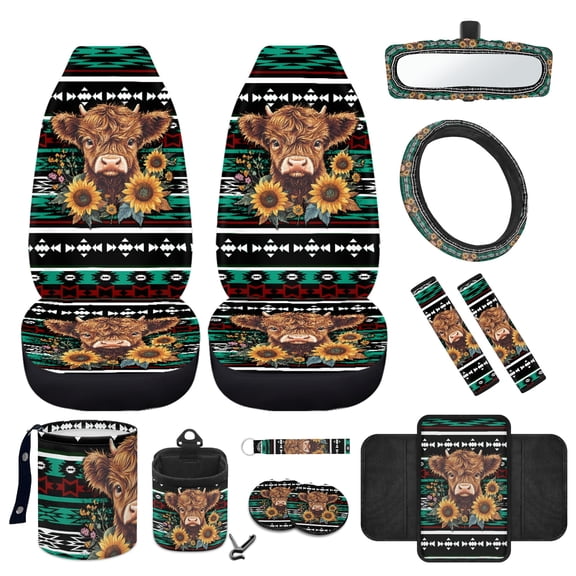 Jeiento Highland Cow 12 Pack Car Accessories with Front Seat Cover Steering Wheel Cover Aztec Seatbelt Cover Armrest Mat Trash Can Mount Pocket Cup Holder Green Rearview Mirror Cover Keychain