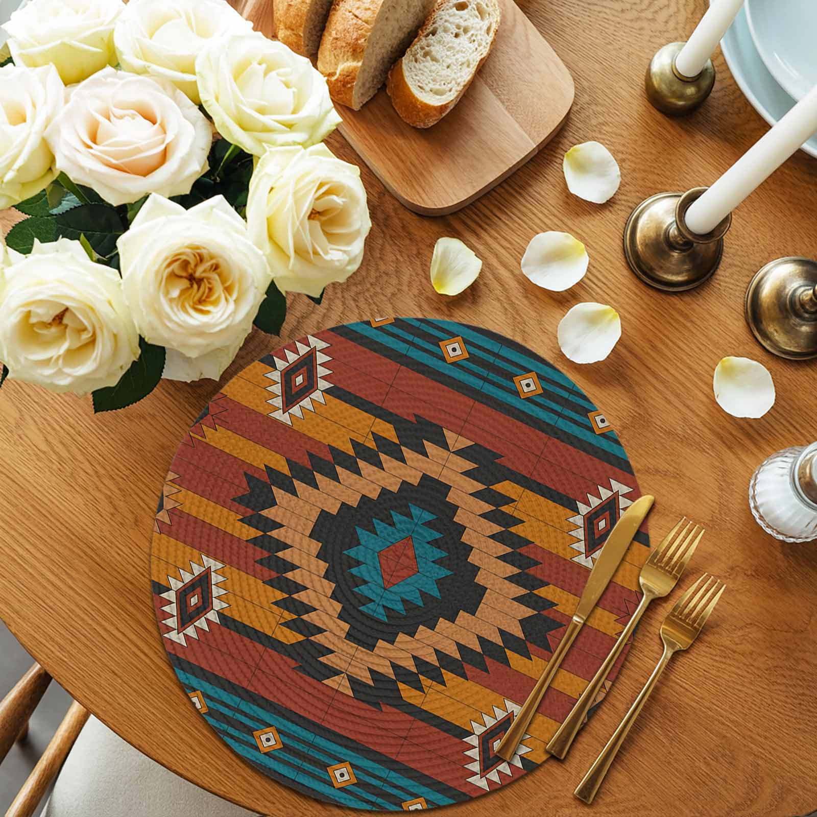 Aztec Southwest Round Placemats Set of 8 for Dinning Tables,Heat-proof Braided Table Mats 13 Inch,Vintage Geometric Farmhouse Art Washable Place Mat for Kitchen Restaurant Party Decor Table Setting