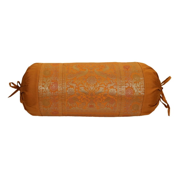 Stylo Culture Ethnic Polydupion Cylindrical Tubular Bolster Pillow Cover Brown Jacquard Brocade Border Elephant Large Diwan Cylinder Pillow Cushion Cover (1 Pc) | 30x15 Inches (76x38 cm)