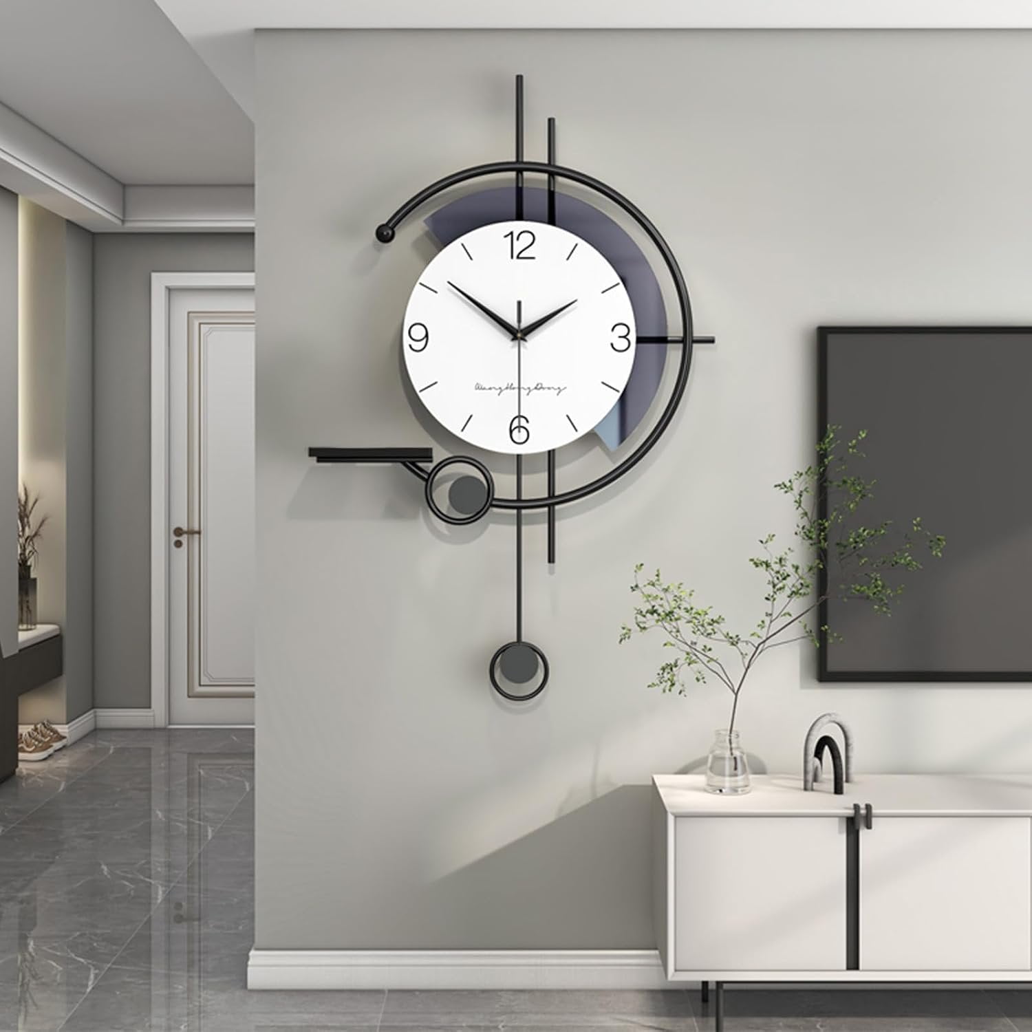 Modern Wall Clock Large Minimalist Decorative Wall Clocks Creativity Silent Non Ticking Pendulum Clocks with Storage Rack Art Decor Quartz Clock for Living Room Bedroom Kitchen Office (Medium)