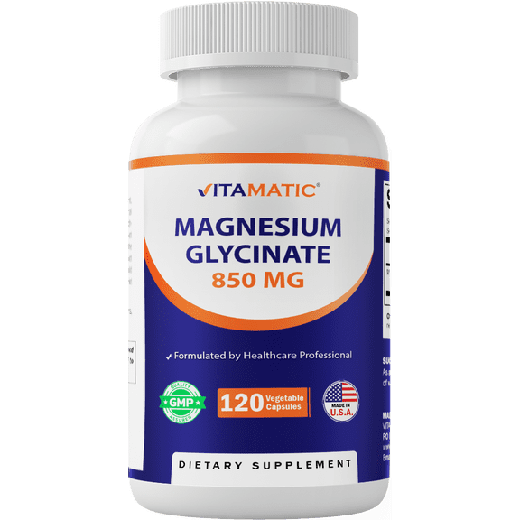 Vitamatic Magnesium Glycinate 850 mg (High Potency) – Supports Muscle, Nerve & Heart Health – 120 Veg Capsules – Non-GMO, Made in USA