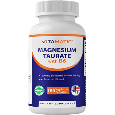 Vitamatic Magnesium Taurate 1500mg per Serving - 180 Vegetarian Capsules (Provides 300 mg of Elemental Magnesium) - Added B6 for Maximum Absorption - Supports Muscle, Joint, and Heart Health*