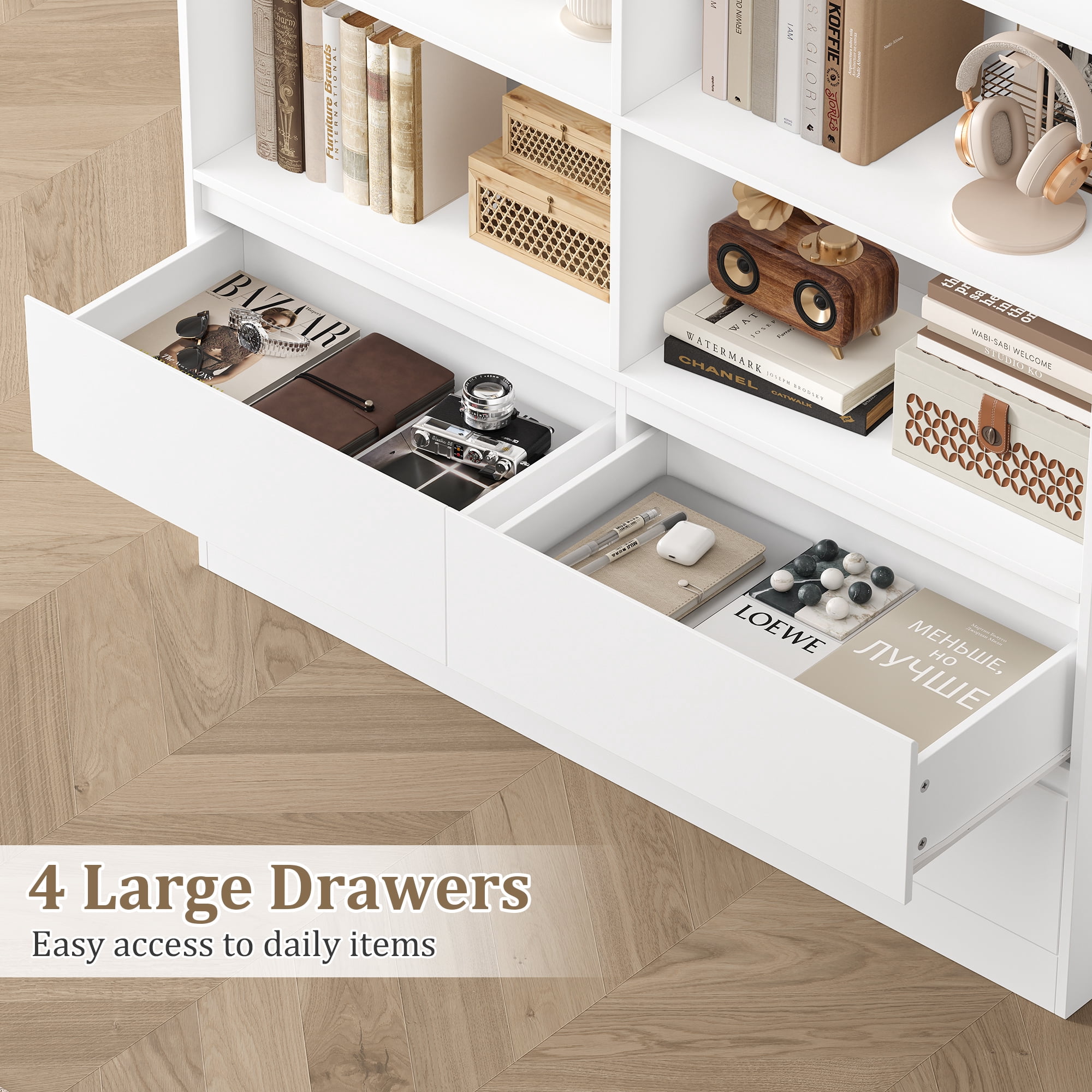 Homfa 71″ Tall Bookcase with 4 Drawers, 8 Cubes 6-Tier Double Row Bookshelf, White Bookcase for Home Office Living Room