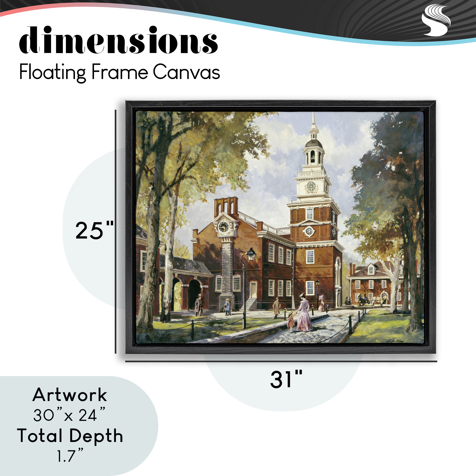 Independence Hall Colonial Times Black Framed Floater Canvas Wall Art, design by Wind River Studios
