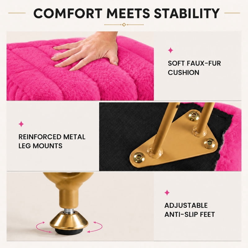 BEAUTYPEAK Vanity Stool with Storage Faux Fur Padded Makeup Ottoman with Gold Metal Legs and Adjustable Feet 18.9" Footstool, Rose