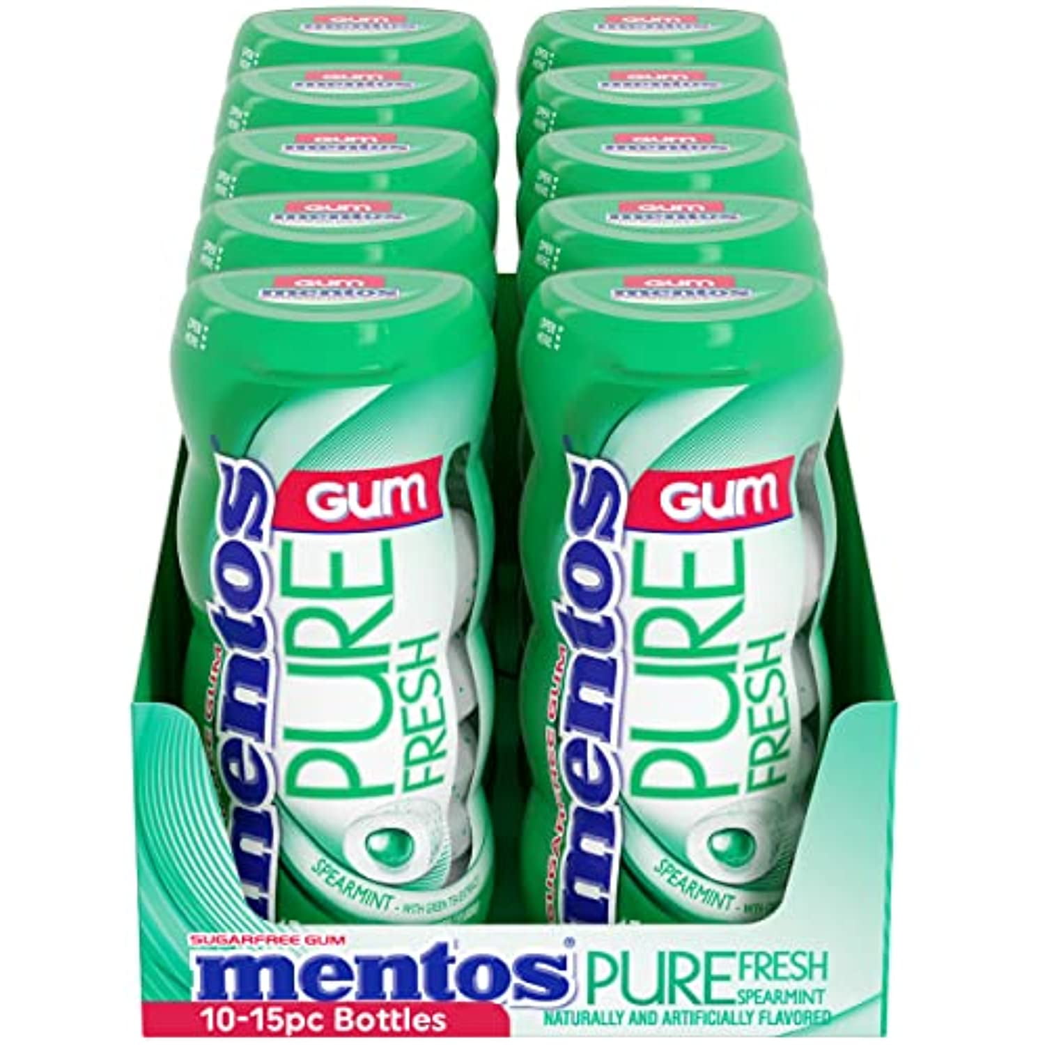 Mentos Pure Fresh Sugar-Free Chewing Gum With Xylitol, Spearmint, 15 Piece Bottle (Bulk Pack Of 10)