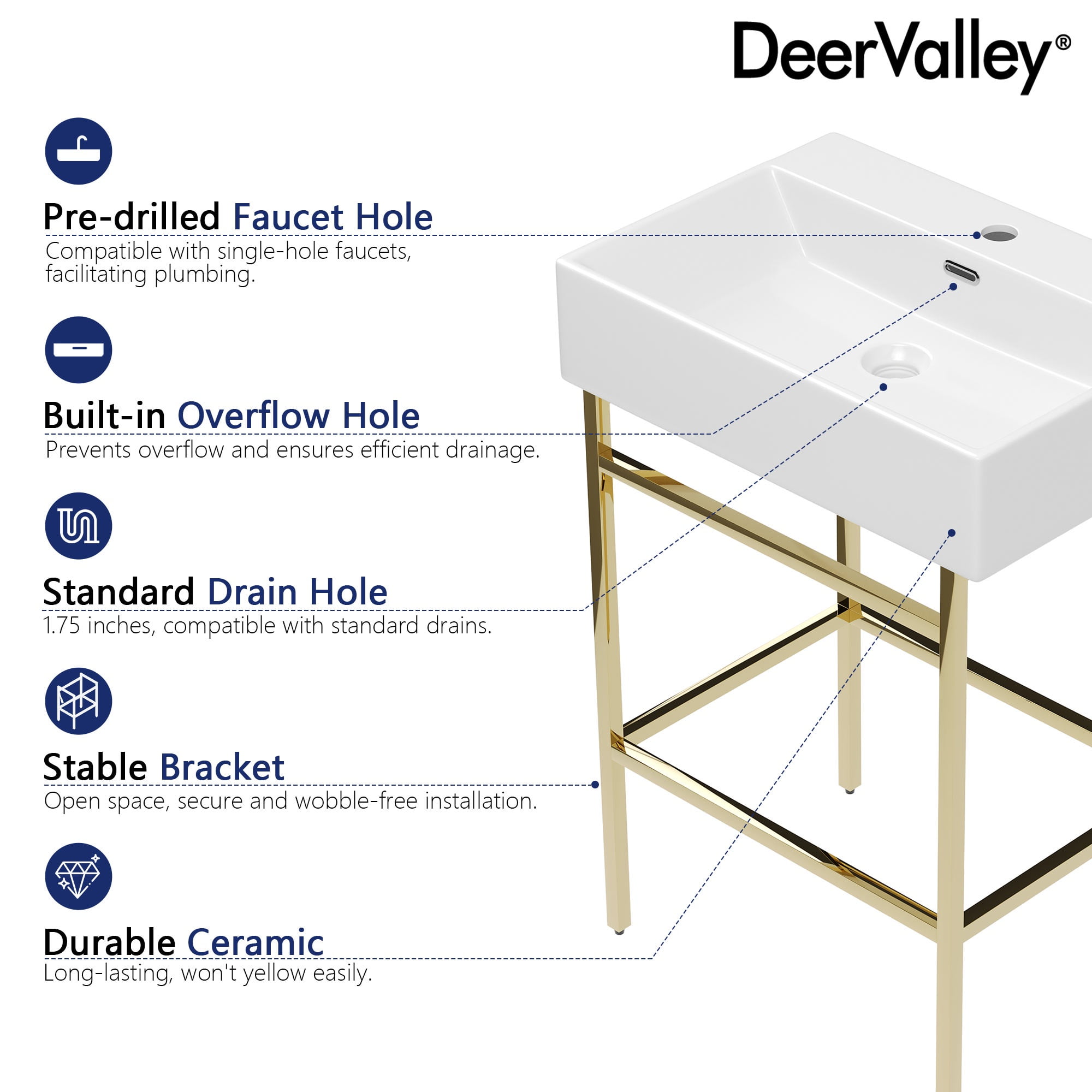 24 in. L x 17 in. W Ceramic Rectangular Bathroom Console Sink in White with Golden Legs and Overflow
