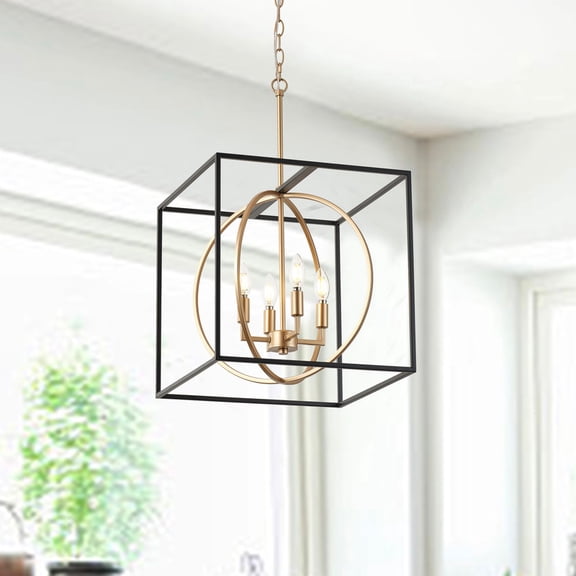 4-Light Indurstrial Pendant Light with Black Metal Geometric Cage - Adjustable Hanging Light Fixture for Dining Room, Living Room (16.5")