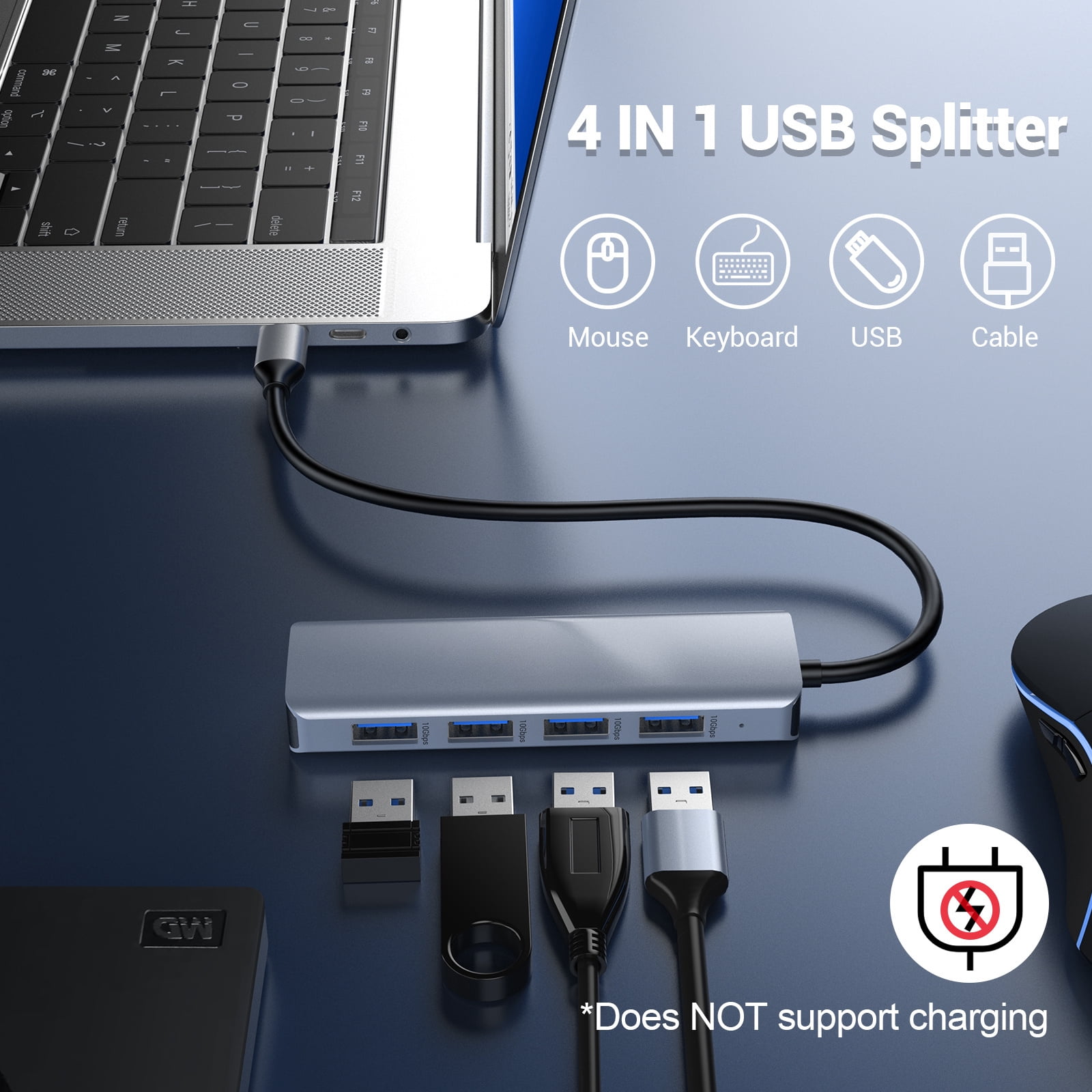 4 in 1 USB Adapter Hub, USB 3.2 Hub, 10Gbps Ultra Slim Portable Data Hub with 4 USB 3.2 Ports, 7.8in Data Cable for MacBook Pro/Air, iPad Pro/Air, Surface Go, XPS, Pixelbook