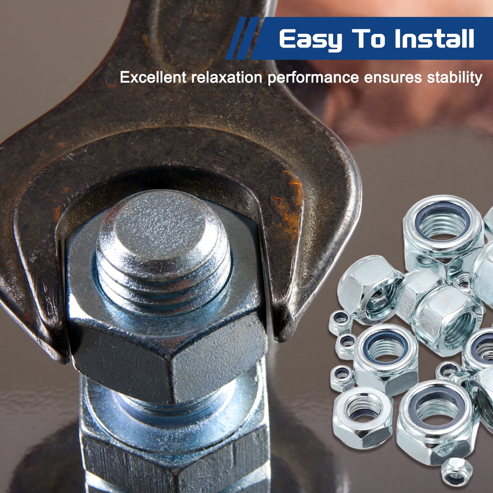 150Pcs Nylon Lock Nuts Kit [#10,1/4"-20,1/4"-28,5/16",3/8",1/2"] Carbon steel Hardware Nuts, bluish white, for Automotive, Aerospace, Industrial Applications  Use