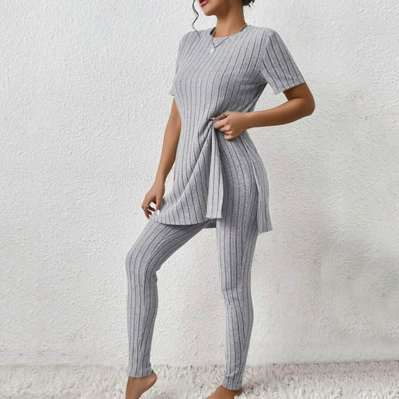 Women's Two Piece Knit Matching Outfits Crew Neck Slit Hem Tee And Pants Tracksuit Sets Features: Ski Pants Woman Formal Jumpsuit Women's Ski Pants Wedding Pant Suits Petite Dresses for Women Elegant