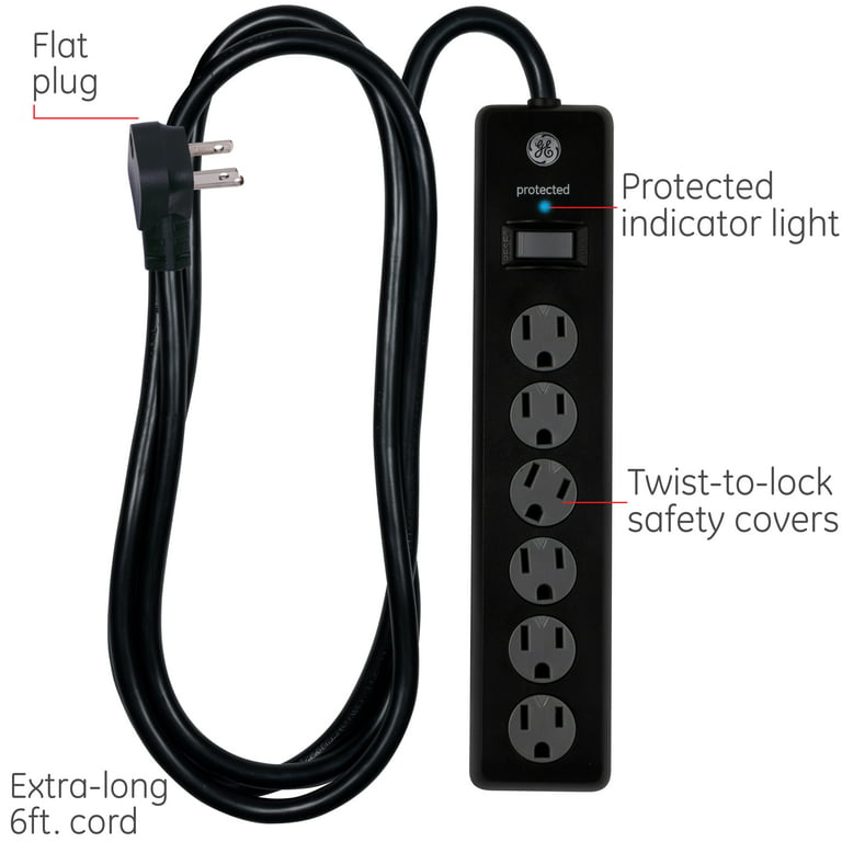GENERAL ELECTRIC 6-Outlet Surge Protector Extension Cord, 800J, Black, 6  feet, 33661 