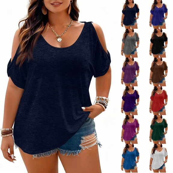 Womens Plus Size Cold Shoulder Tops Banded Bottom Boat Neck T Shirts Summer Casual Loose Fit Clothes 2026 Red 2XL