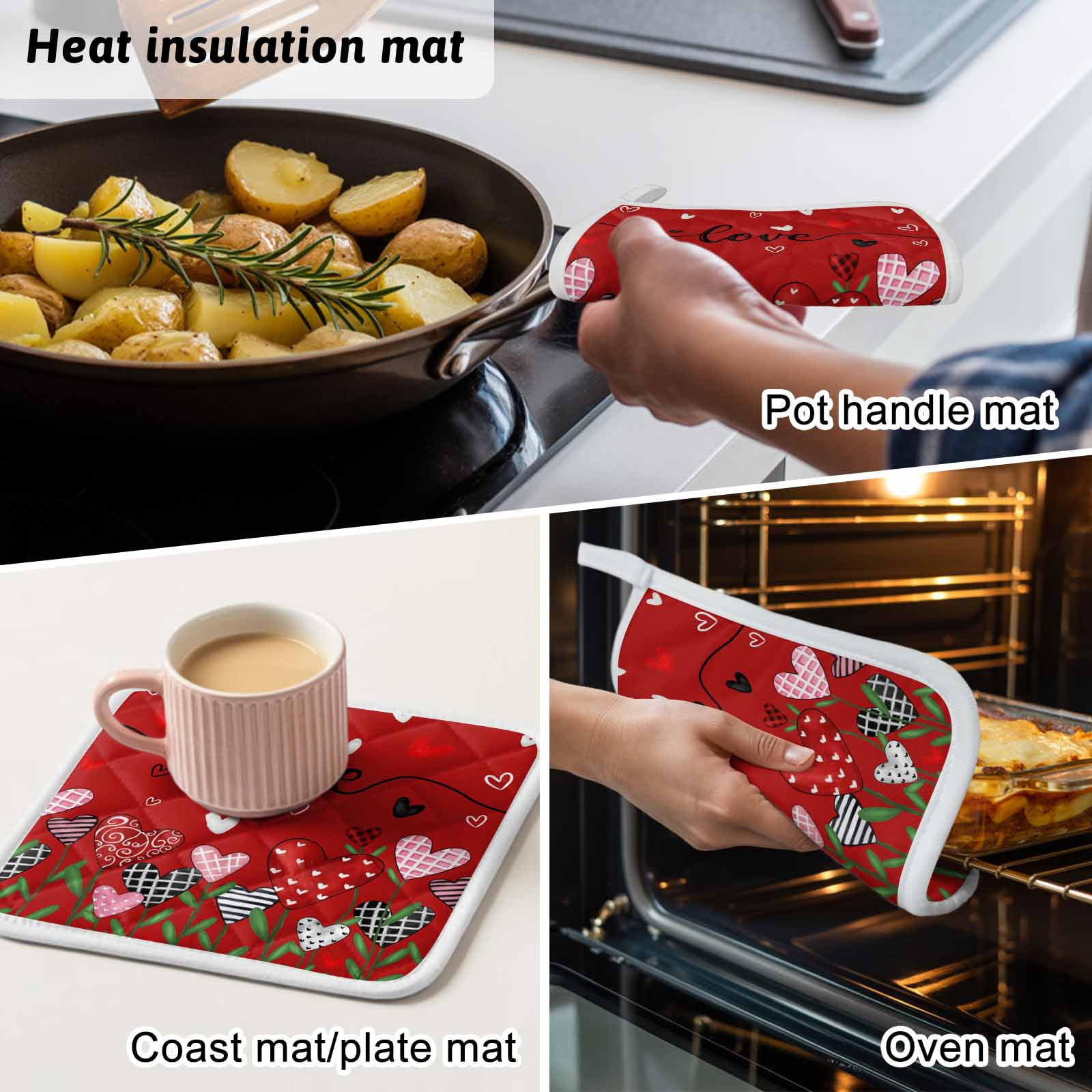 Red Love, Pot Holders for Kitchen Heatproof Potholder, 5 Pack Spring Valentine's Plant Dots Lattice Stripe Hot Pads Multipurpose Oven Pads Cloth Potholders Trivet for Cooking Baking