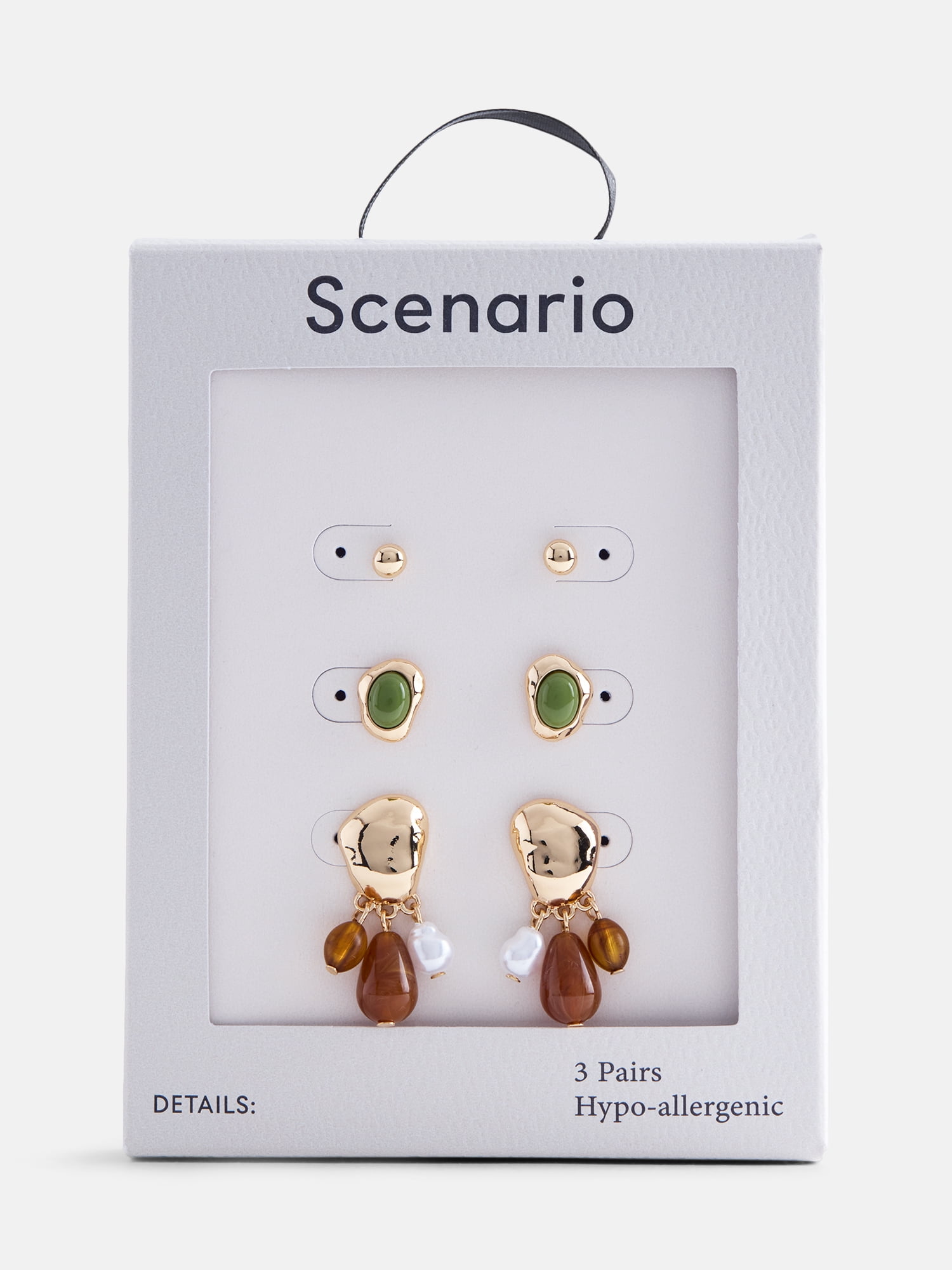 Scenario Women's Gold-Tone Stud and Drop Earrings Set, 3-Pair