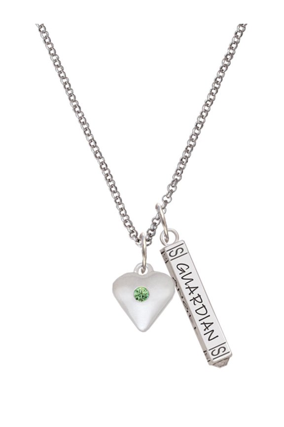Silvertone Large August - Lime Green Crystal Heart Silvertone Guardian Angel Bar Charm Necklace, 23"