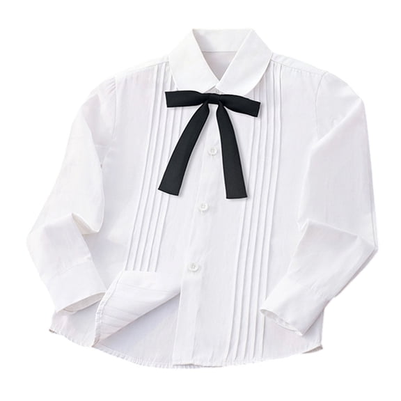 Mnyotv Girls White Uniform Shirts with Bow Cotton Button Down Shirts Long Sleeve Fall Clothes Tops Size 6-7Y