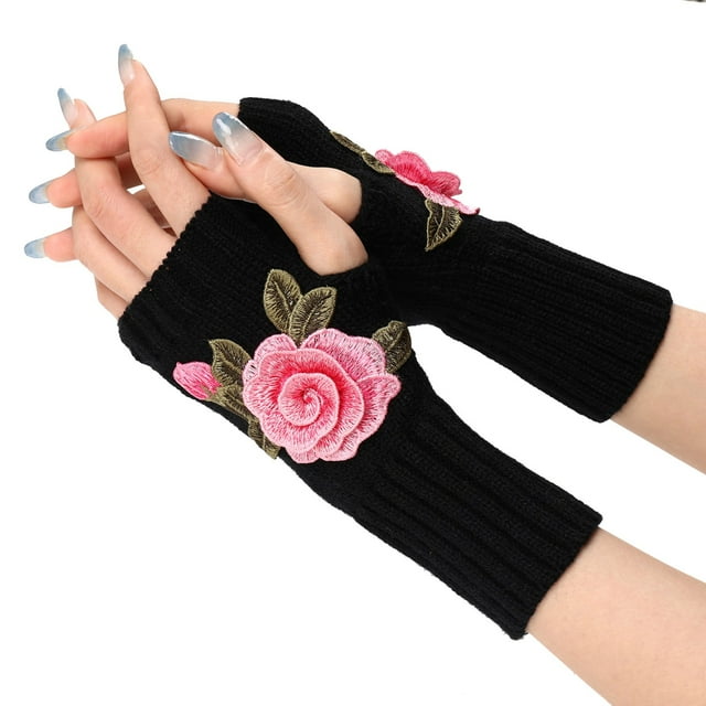 Gants Sans Doigts en Tricot Chaud pour Dames Mitaines Convertibles Mode Fleurs