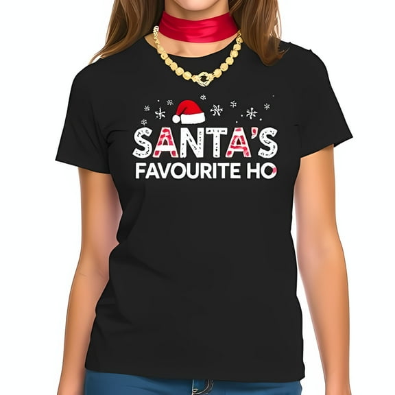 Santa's Favourite Ho Christmas T-Shirt - Short Sleeve Cotton Tee with Santa Hat & Snowflake Design - Fun Holiday