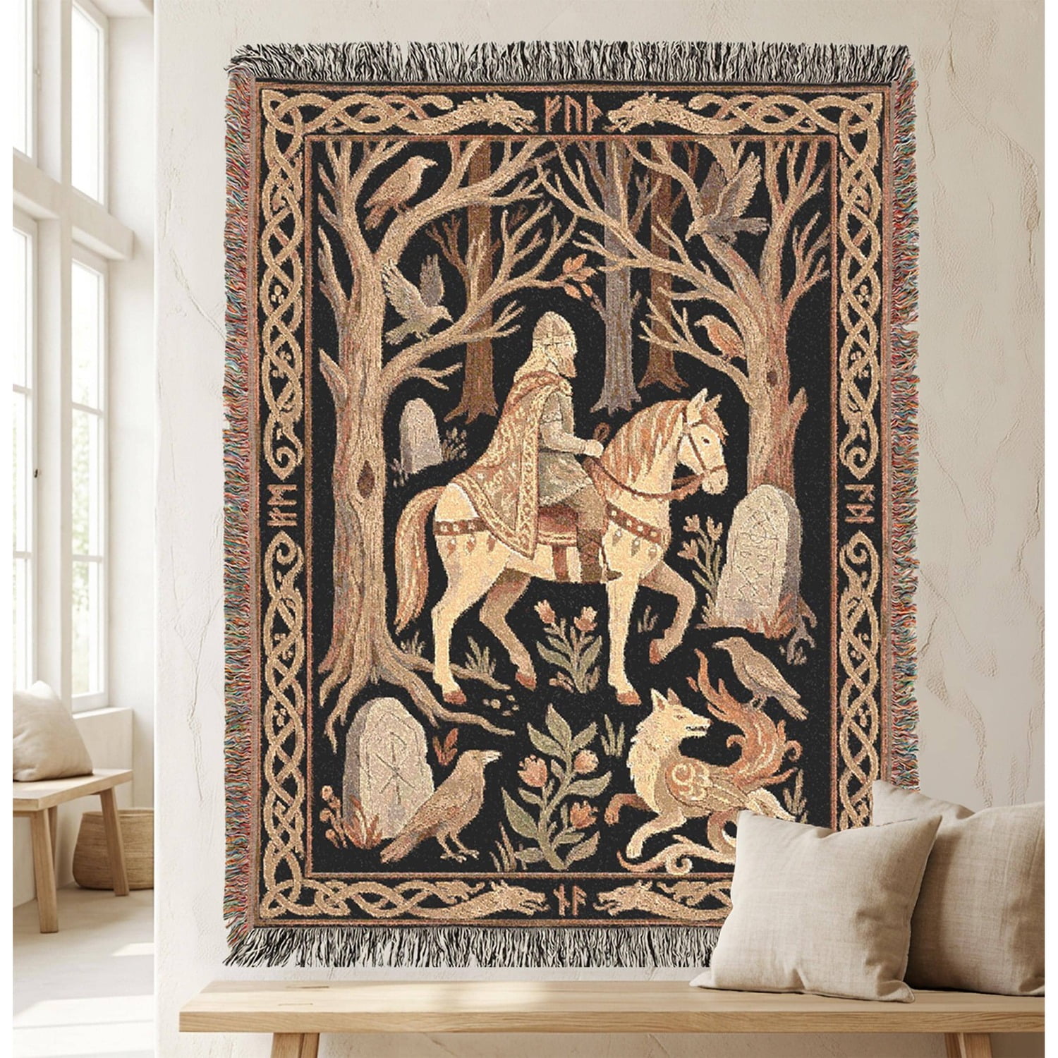 Norse God Riding Woven Throw Blanket Cotton with Fringed Edges for Housewarming Gift