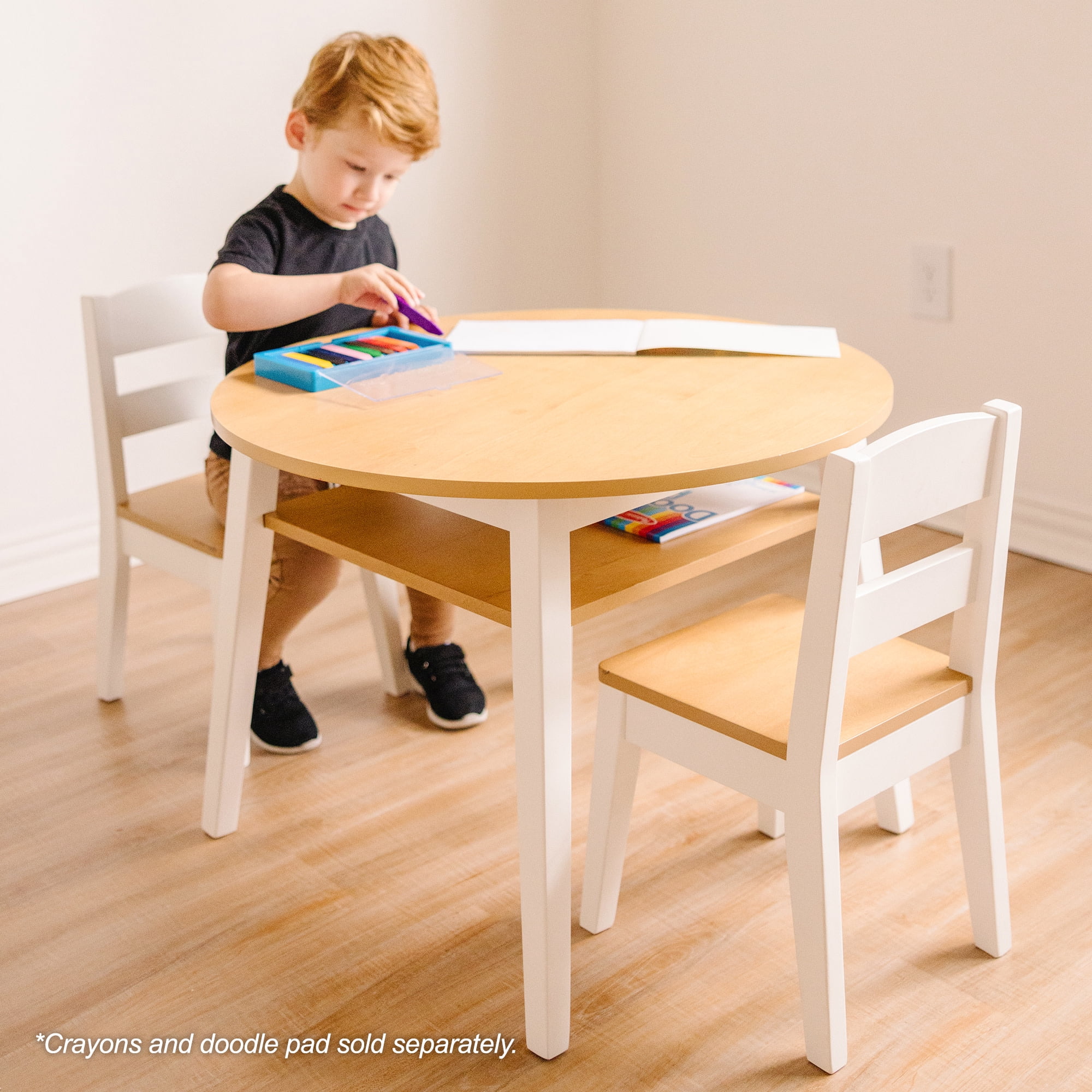 Melissa & Doug Wooden 3-Piece Kids Round Activity Table and Chair Set, Light Woodgrain/White