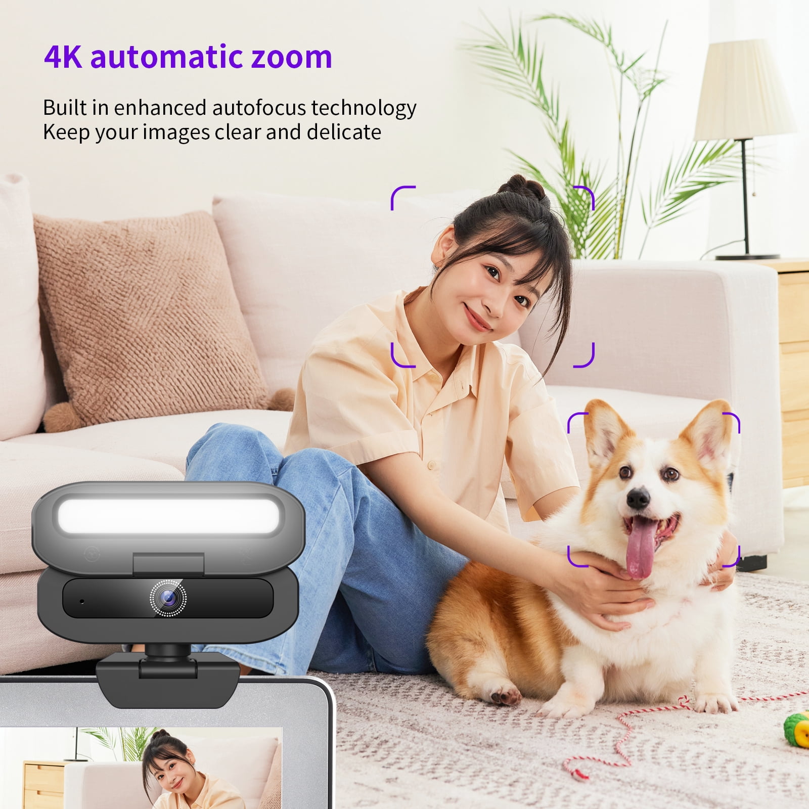 Webcam with Microphone, 4K USB Webcam for PC Desktop & Laptop, Ring Light and 3-Level Brightness, Computer Camera with Privacy Cover & Tripod Stand
