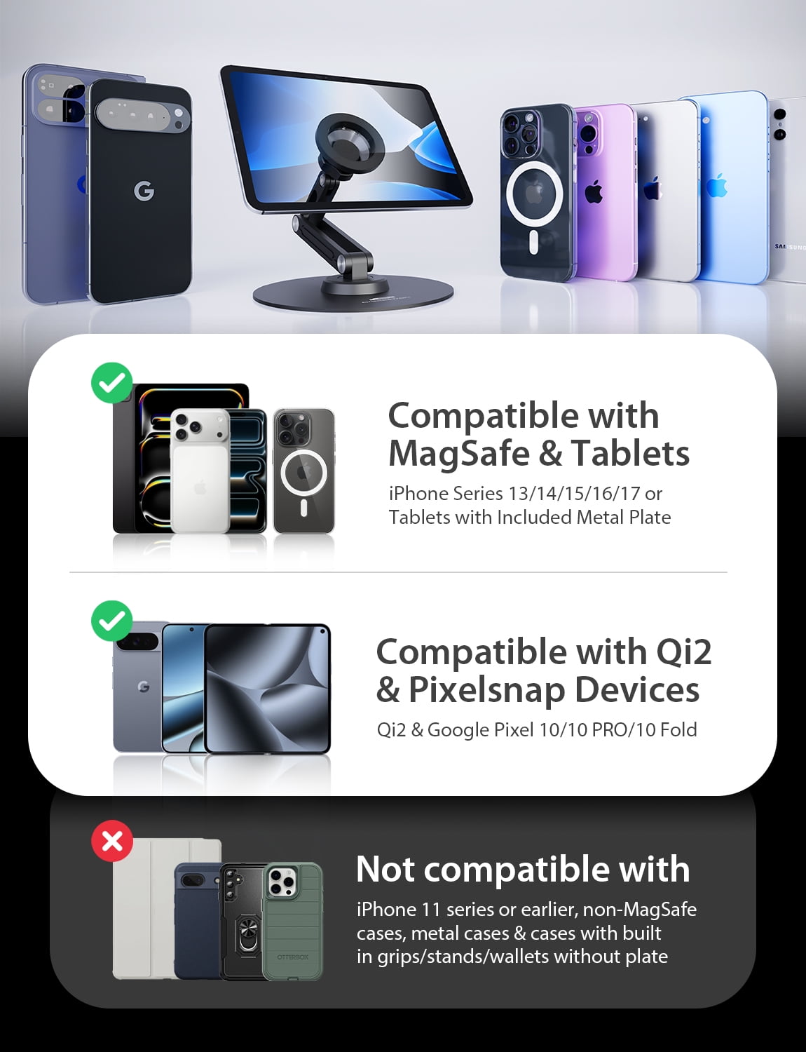 Bracketron MagAlign PRO Magnetic Phone and Tablet Stand with Micro-Suction Base, 360° Swivel, Adjustable Pivot Arm, Includes Metal Plate for Universal Compatibility