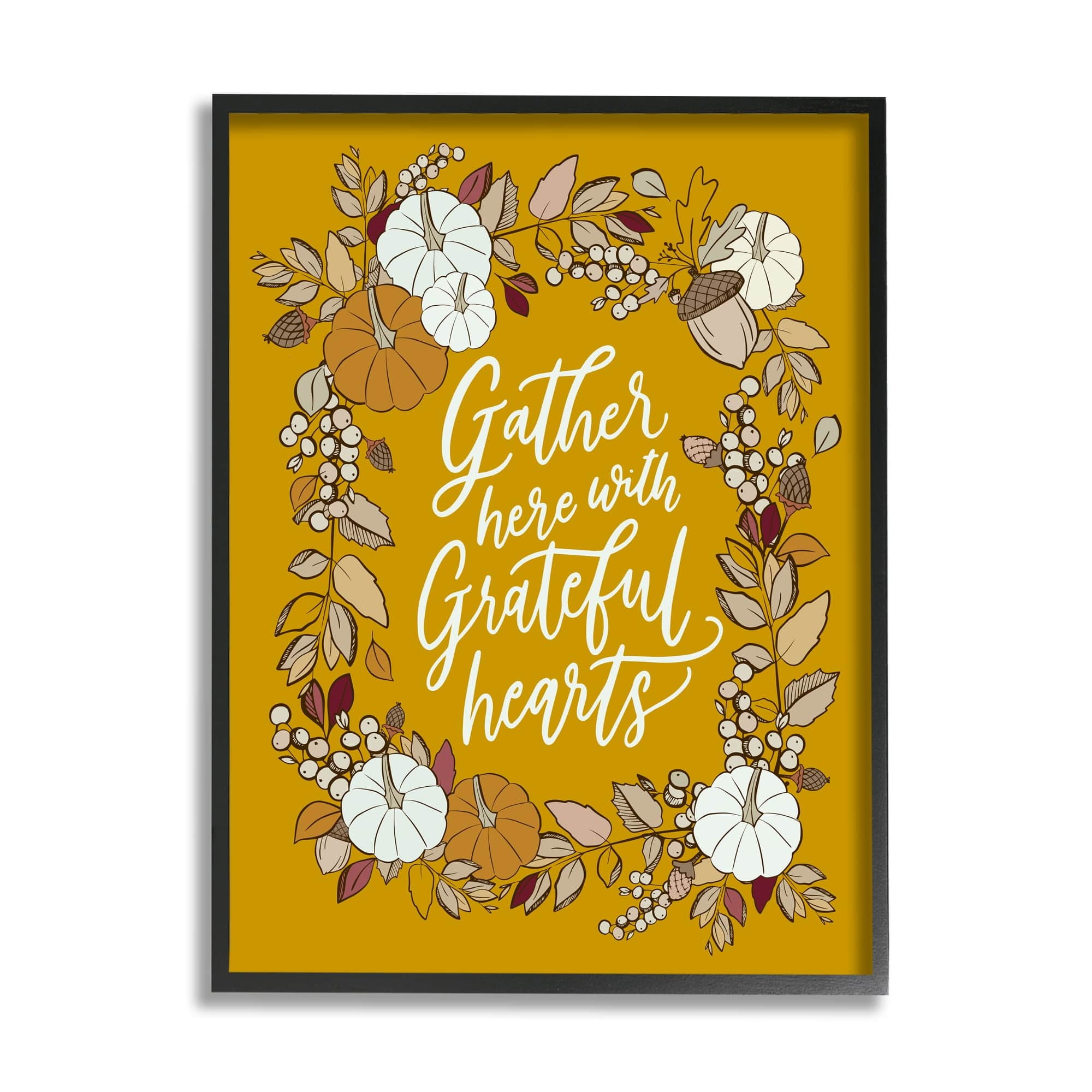 Stupell Industries Grateful Hearts Autumnal Vegetation Pumpkins Botanical Border Graphic Art Gray Framed Art Print Wall Art, 24x30, by doodles.ink.